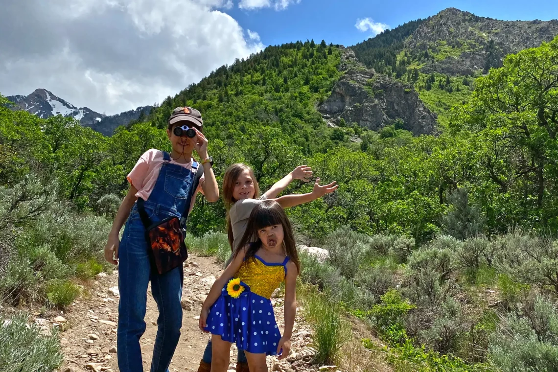 Three kids on the trail in Ogden Utah.
